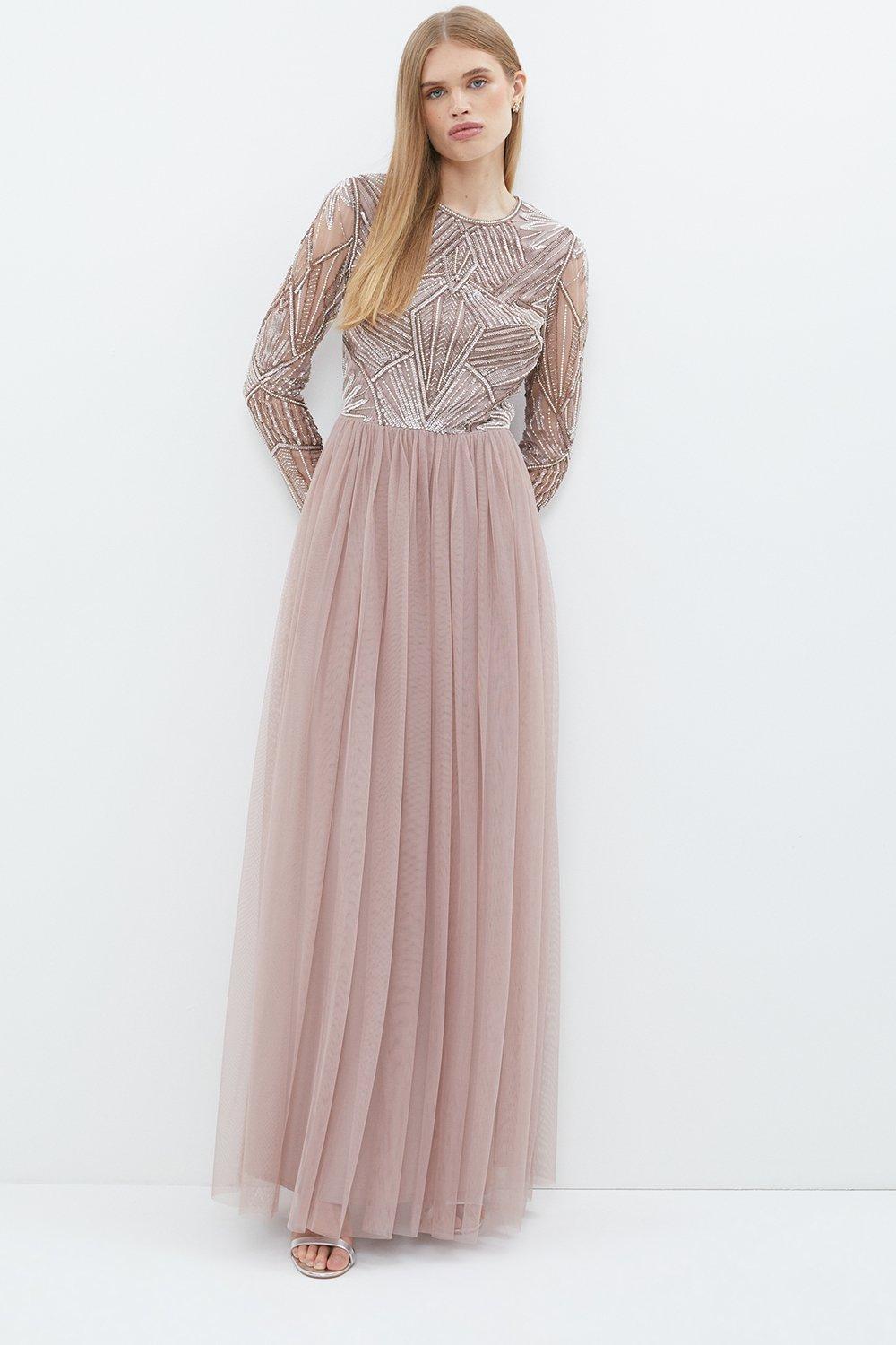 Embellished Bodice Long Sleeve Maxi Dress - Mink