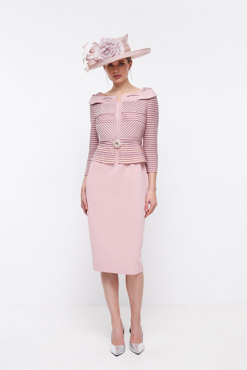 Premium Linear Ribbon Detail Bodice Pencil Dress - Pink