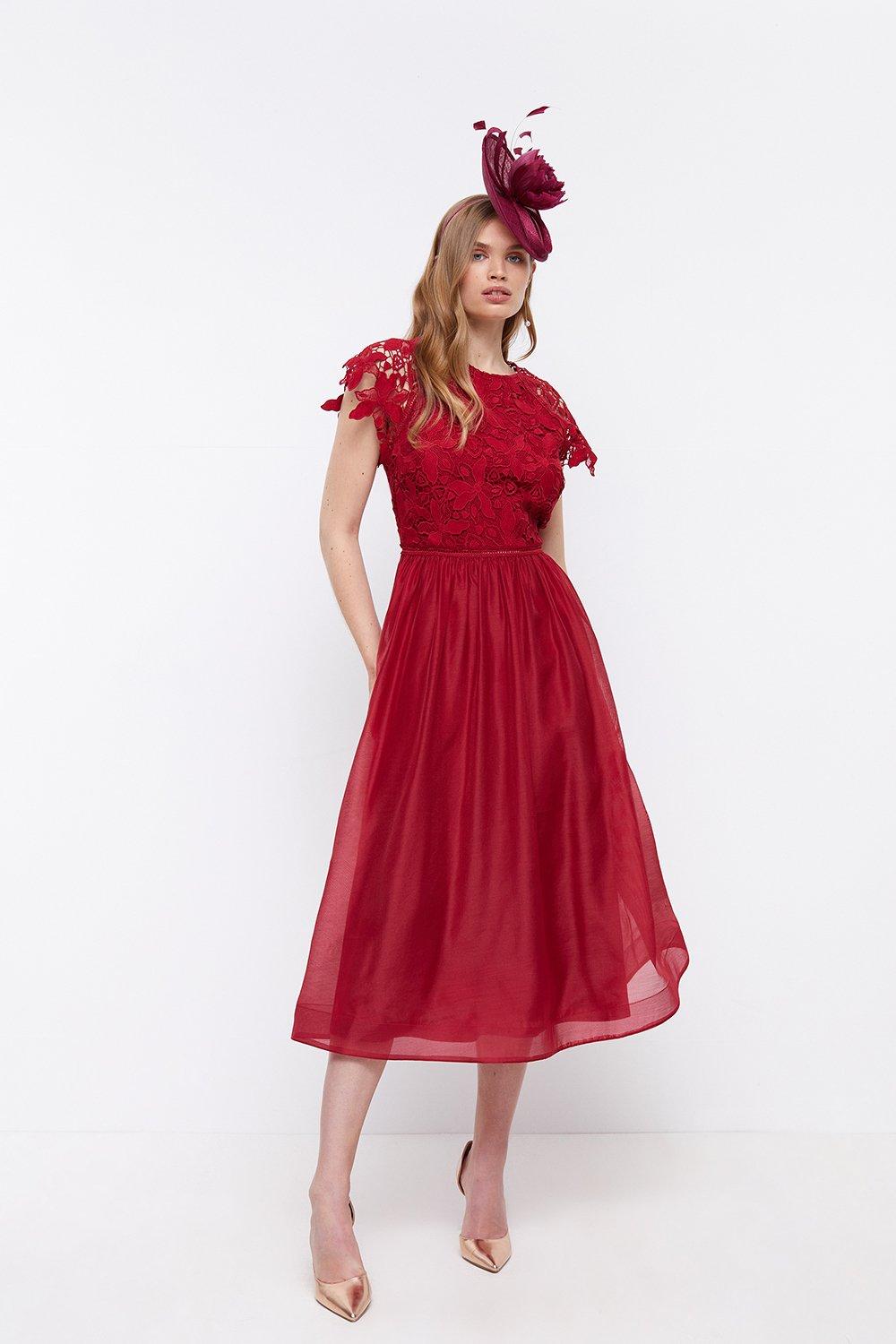 Crochet Lace Bodice Woven Skirt Dress - Red