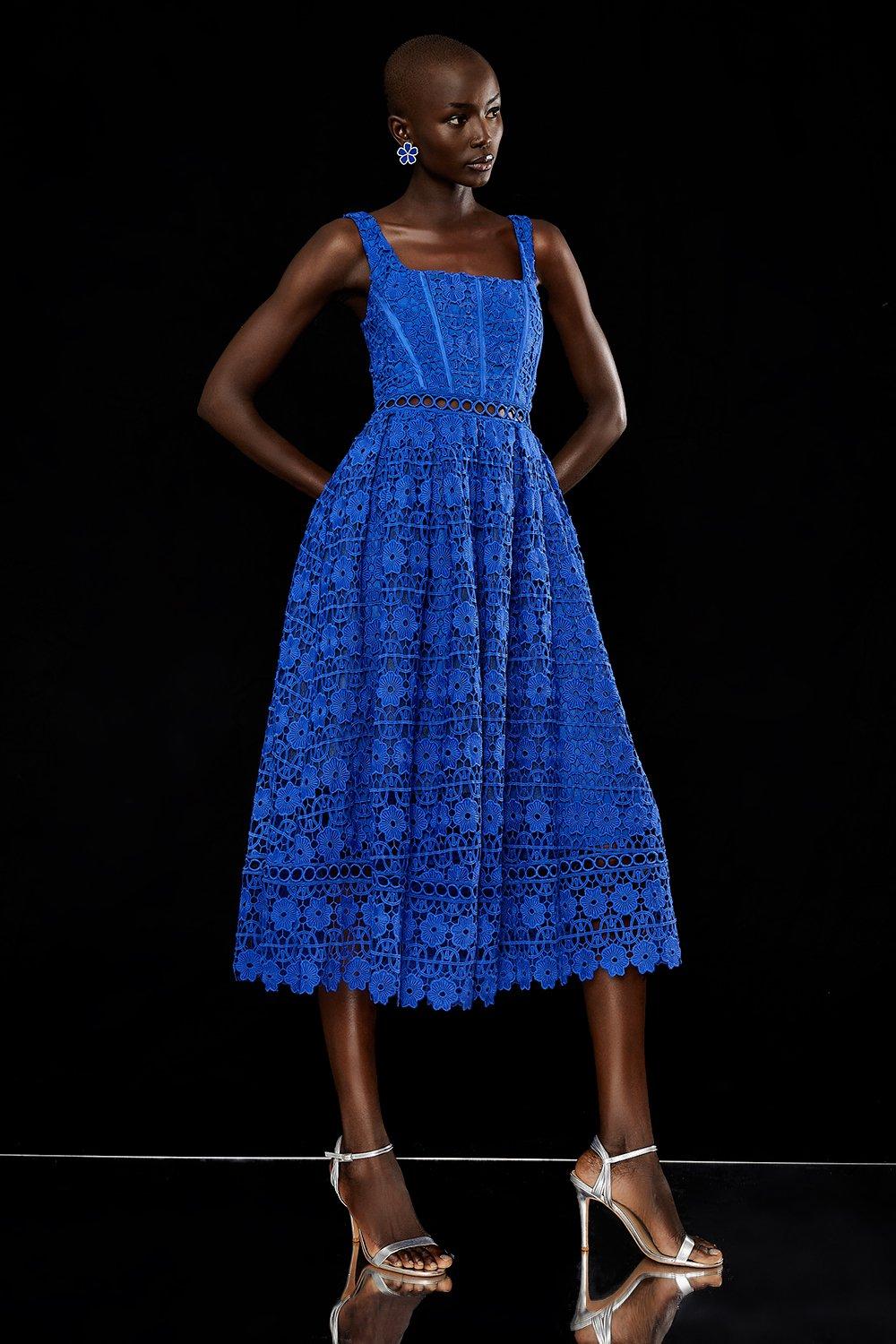 Lace Dress With Square Neck - Blue