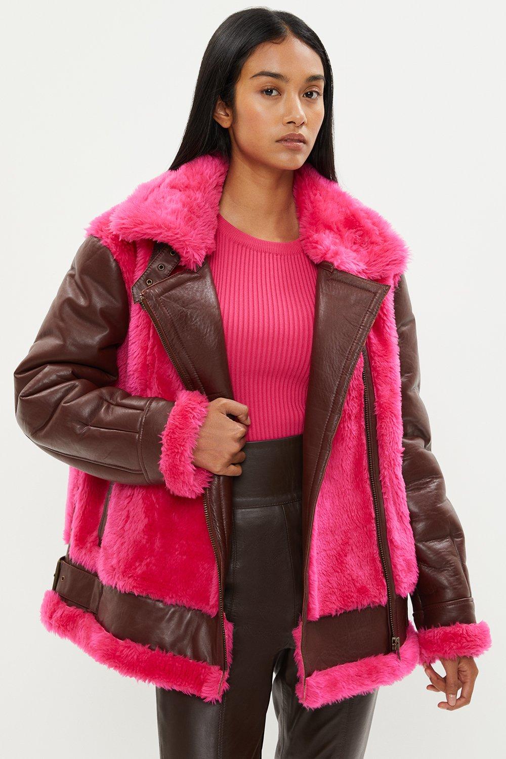 Leather & Shearling Aviator Coat - Pink