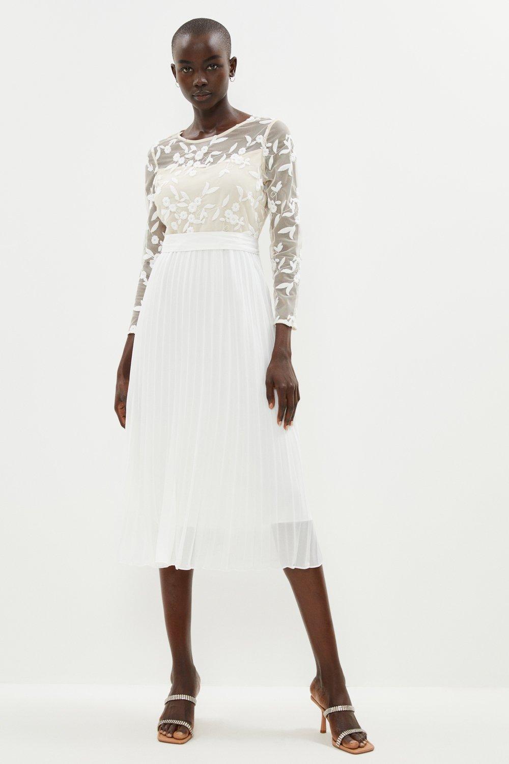 Contrast Embroidered Long Sleeve Midi Dress - Ivory