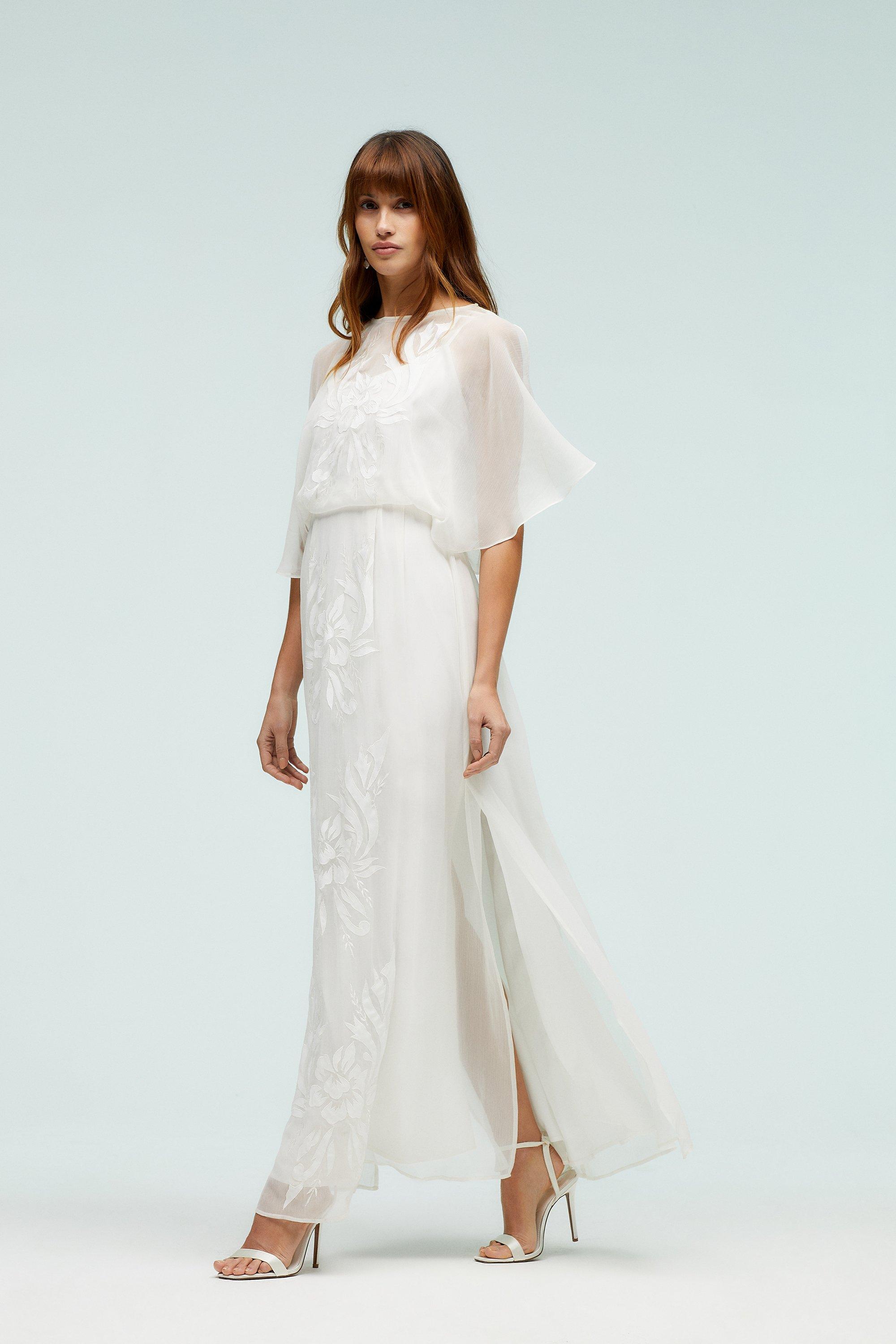 Embroidered Angel Sleeve Maxi Dress - Ivory