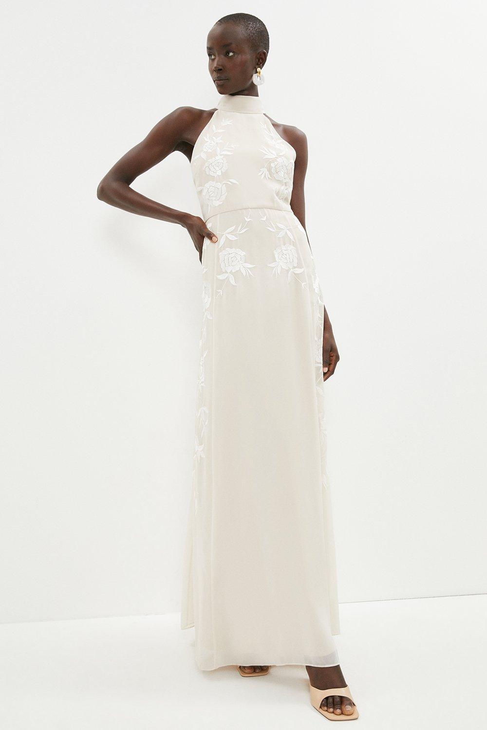 Embroidered Halter Neck Maxi Dress - Ivory