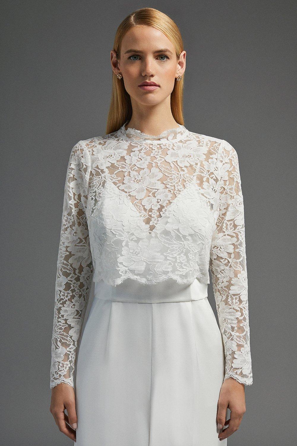 High neck long shop sleeve lace top