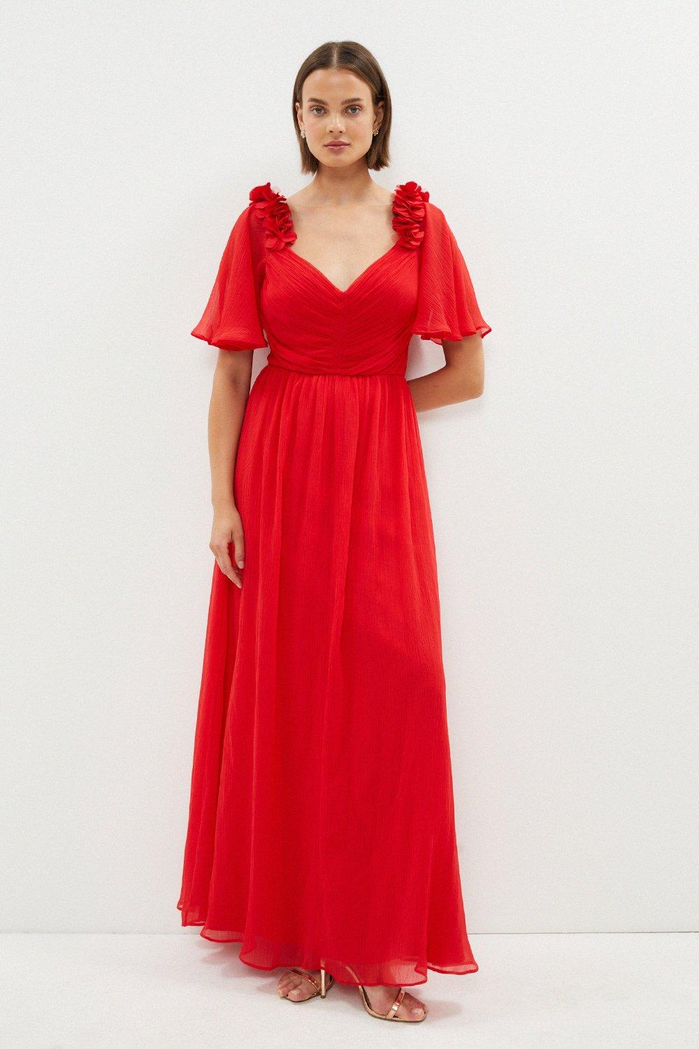 3d Floral Angel Sleeve Chiffon Maxi Dress - Red