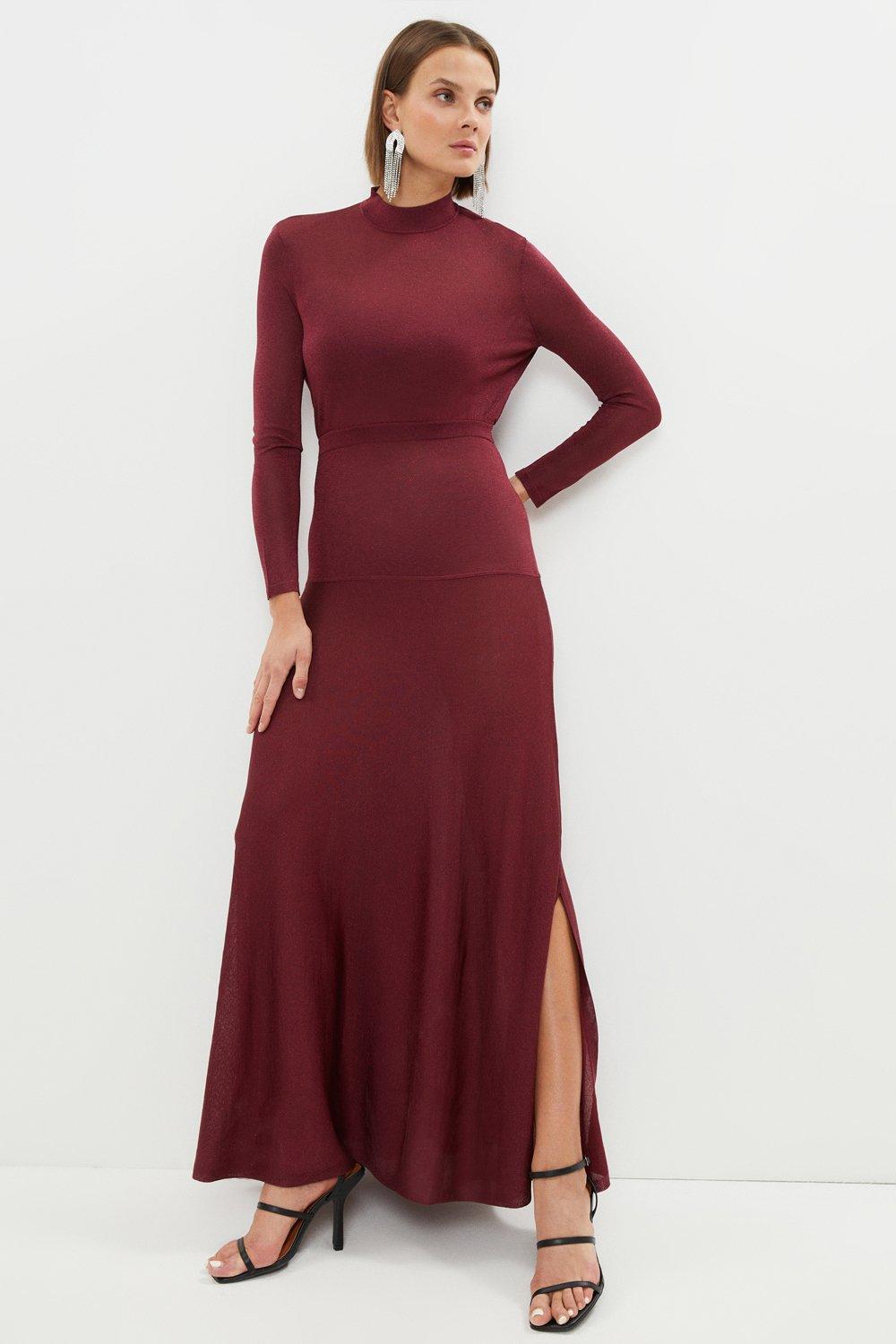Sparkle Knit Sheer Detailing Maxi Dress - Red