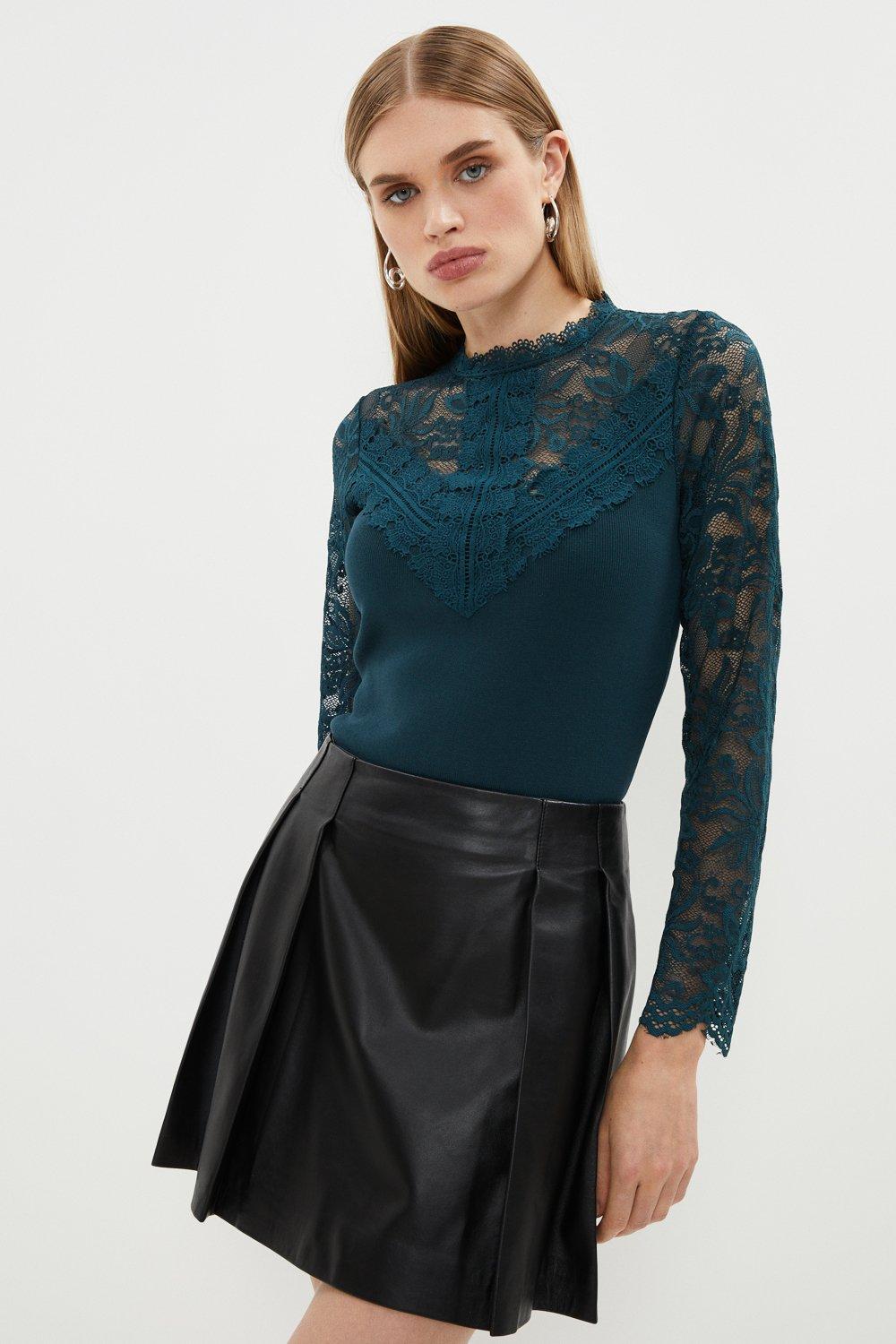 Lace Detail Knitted Jumper - Green