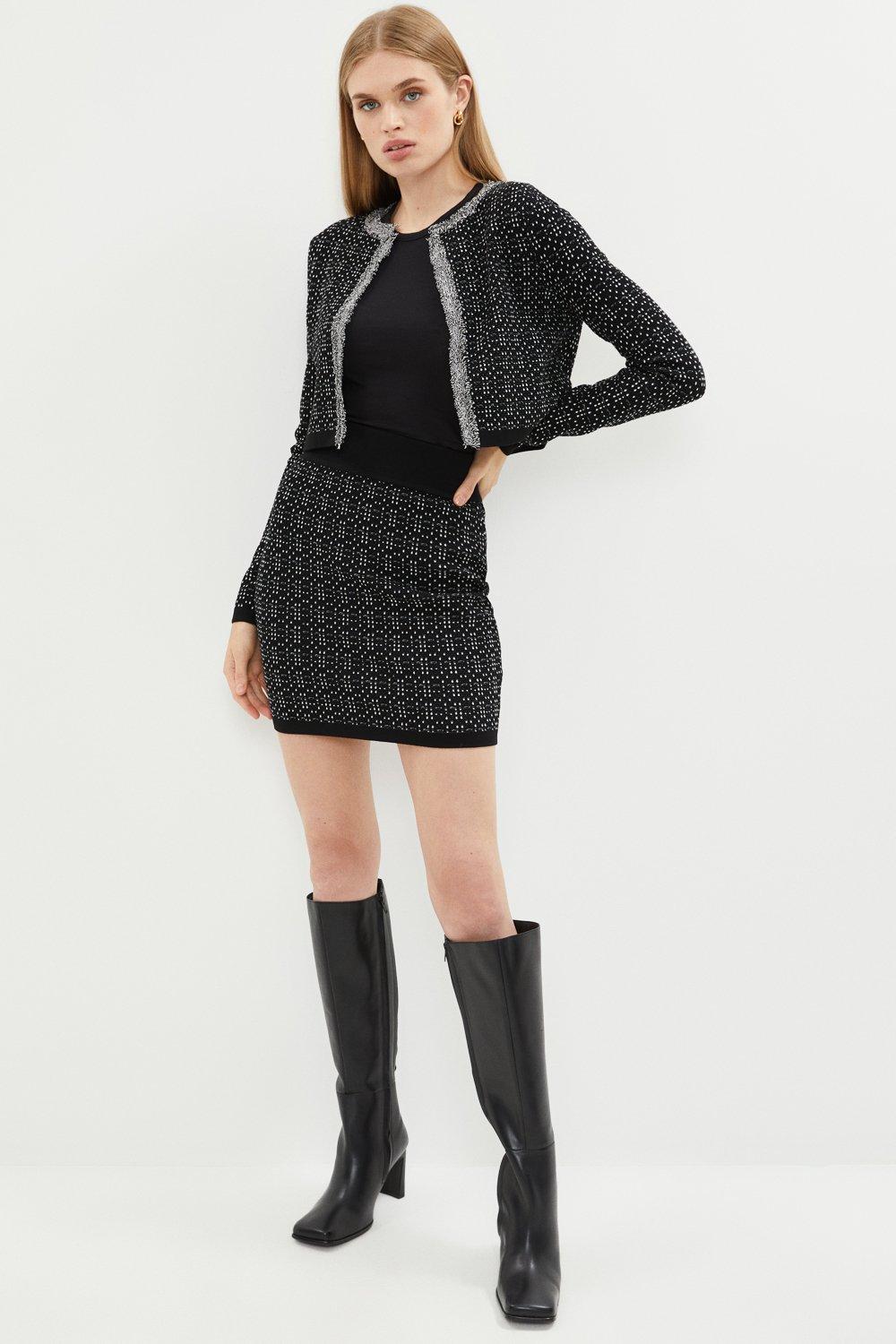 Tweed Knitted Chain Detail Skirt - Black