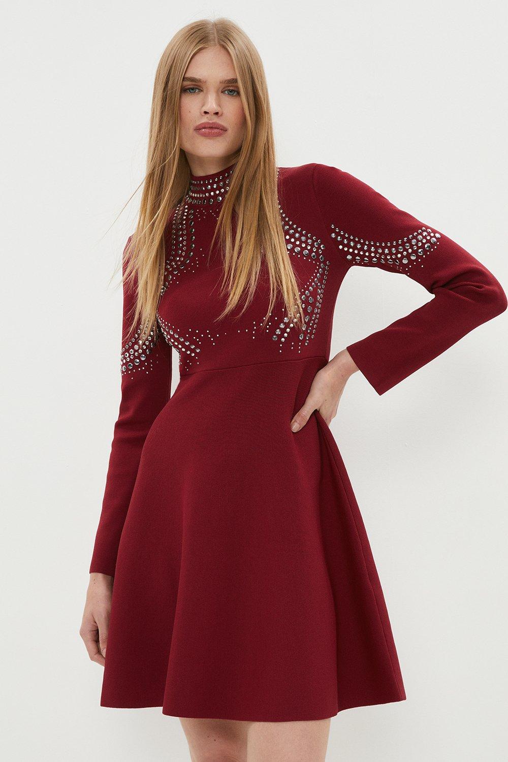 Hot Fix Stud Flippy Knitted Dress - Red