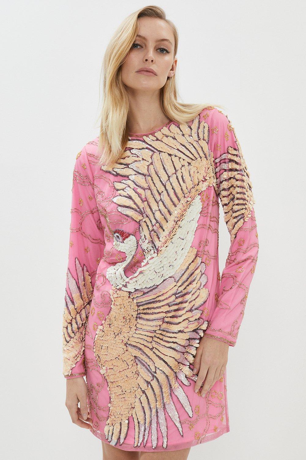 Dress With Bird Embellishment - Pink