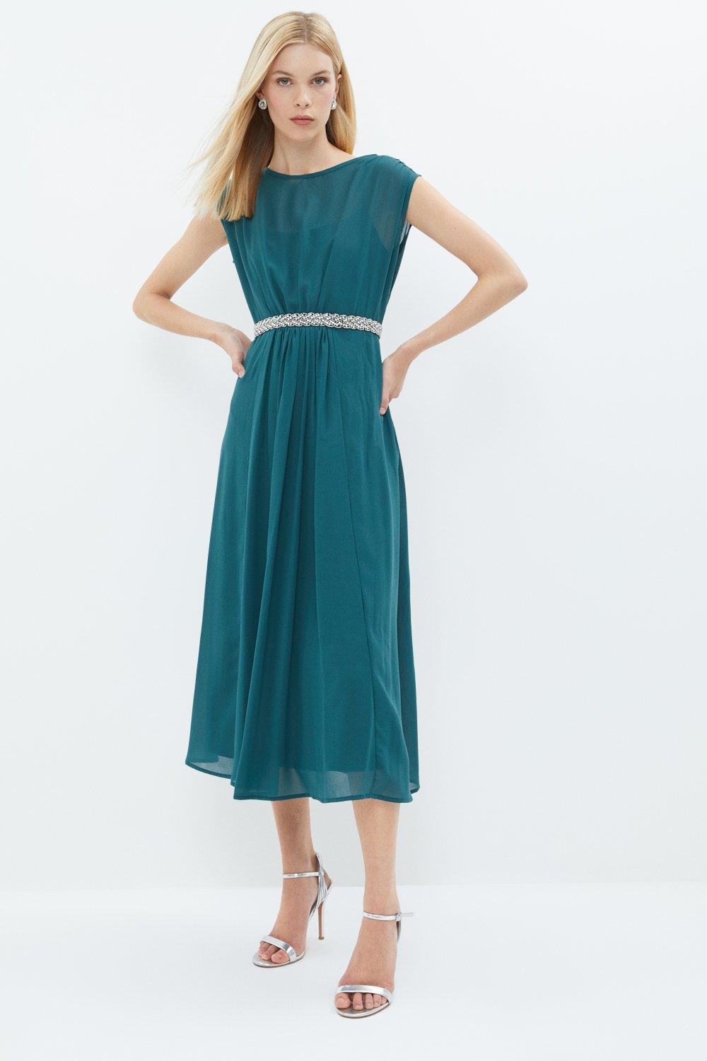Embellished Belt Midi Dress - Green