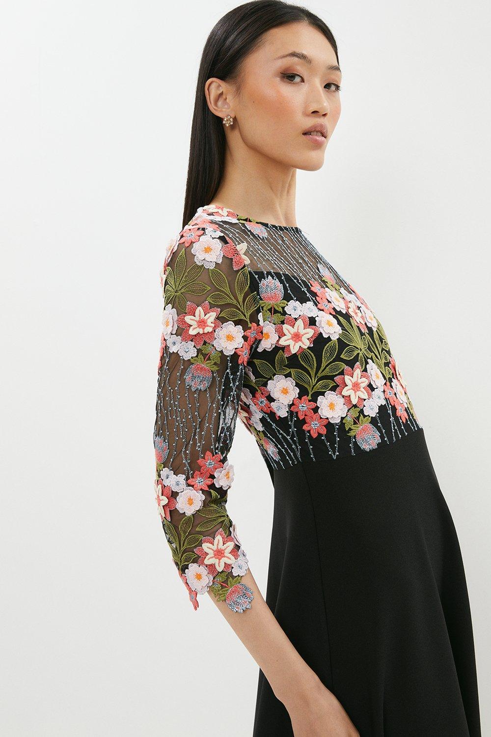 3d Floral Lace Bodice Full Skirt Midi Dress - Black