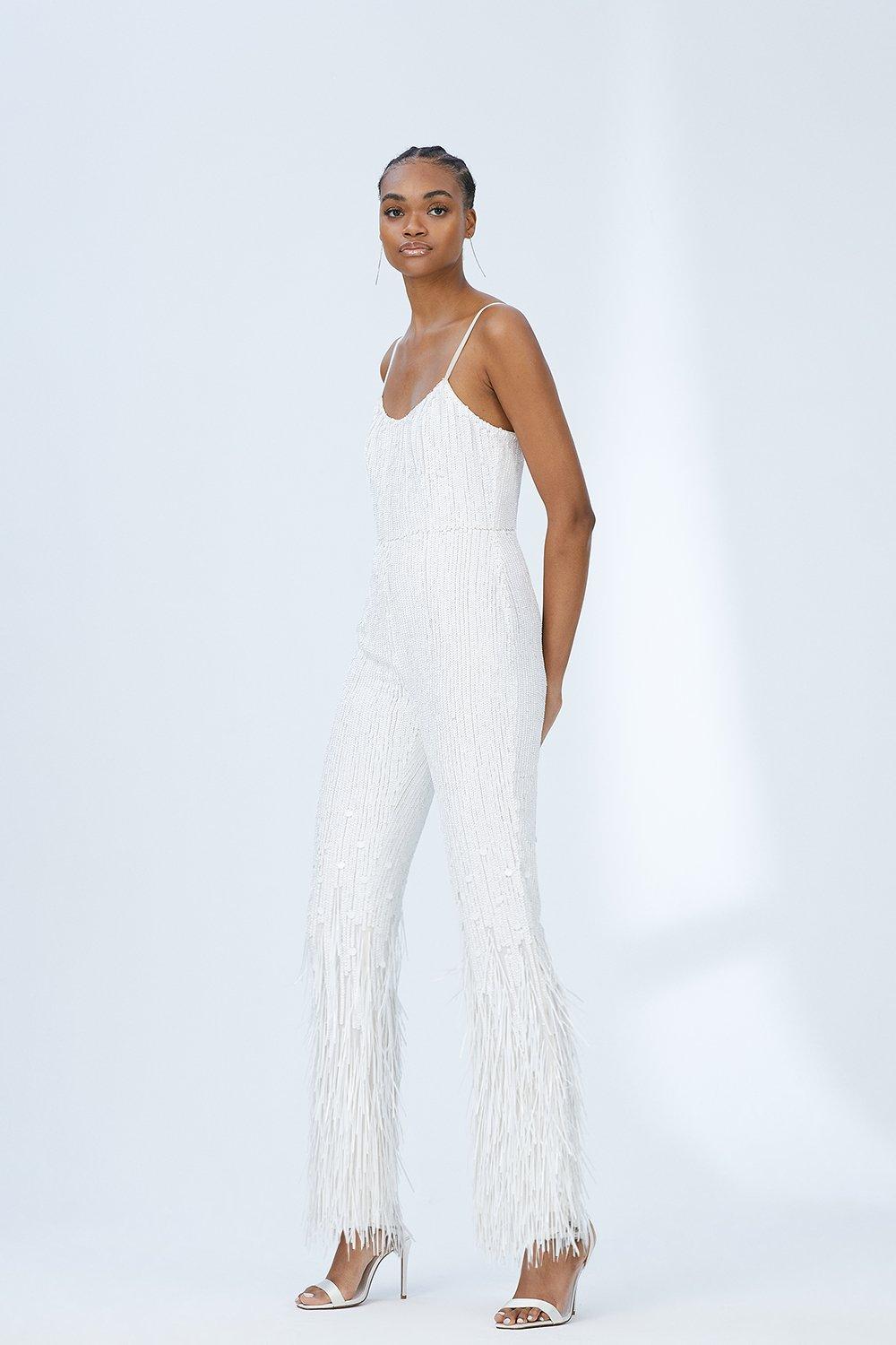 White clearance beaded jumpsuit