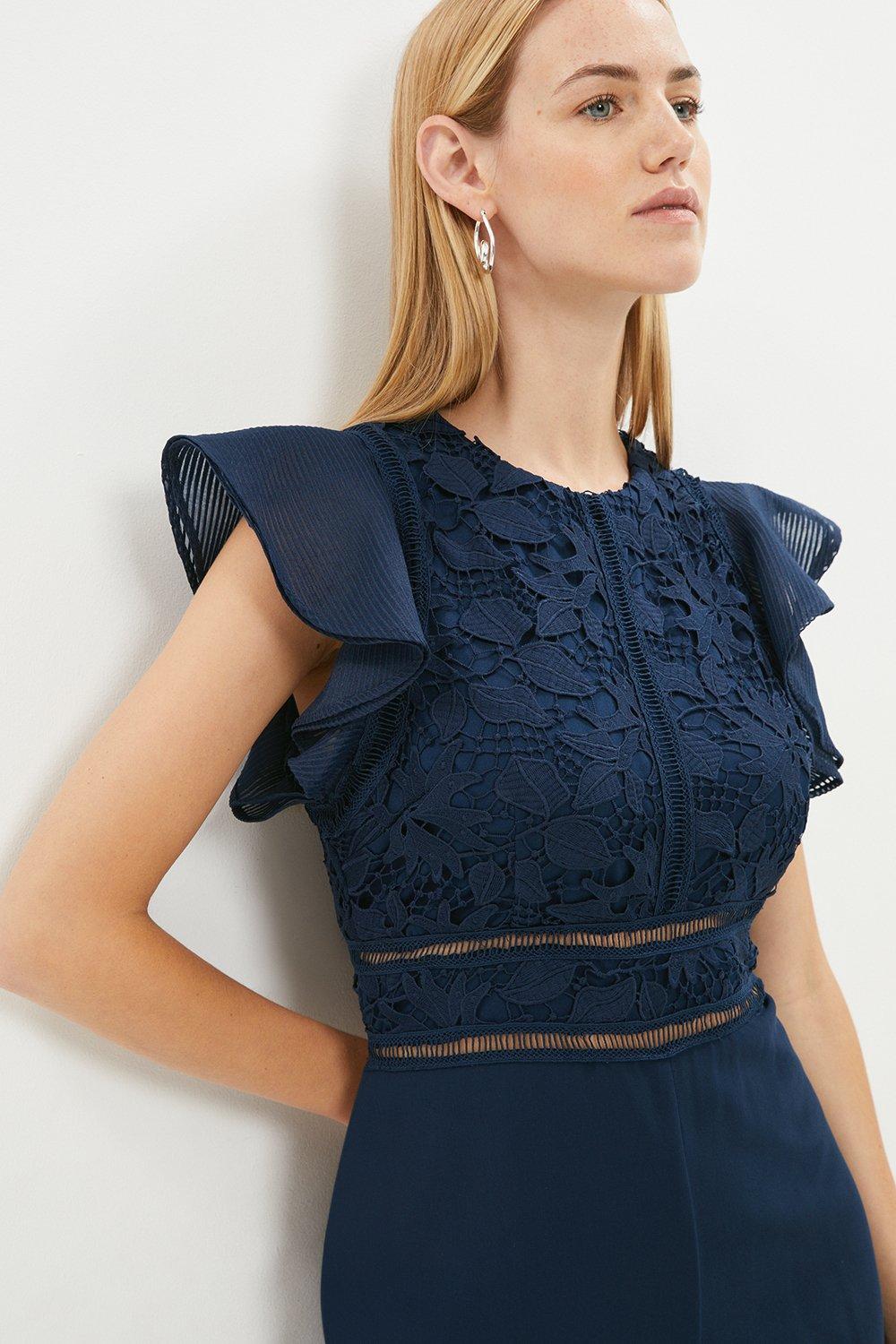Organza And Trim Insert Lace Top Jumpsuit - Navy