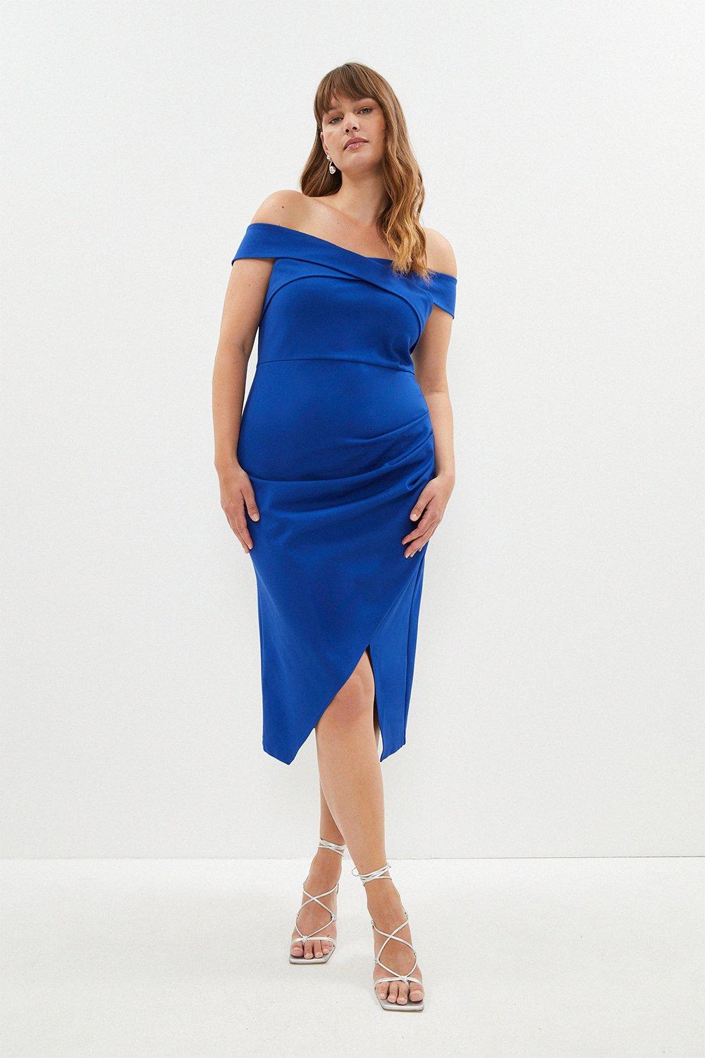 Plus Size Cross Front Bardot Pencil Dress - Blue