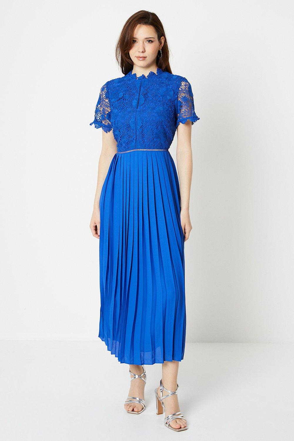 High Neck Floral Lace Bodice Pleat Dress - Blue