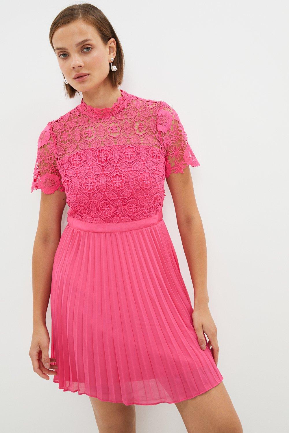 Corded Lace Top Pleated Full Skirt Mini Dress - Pink
