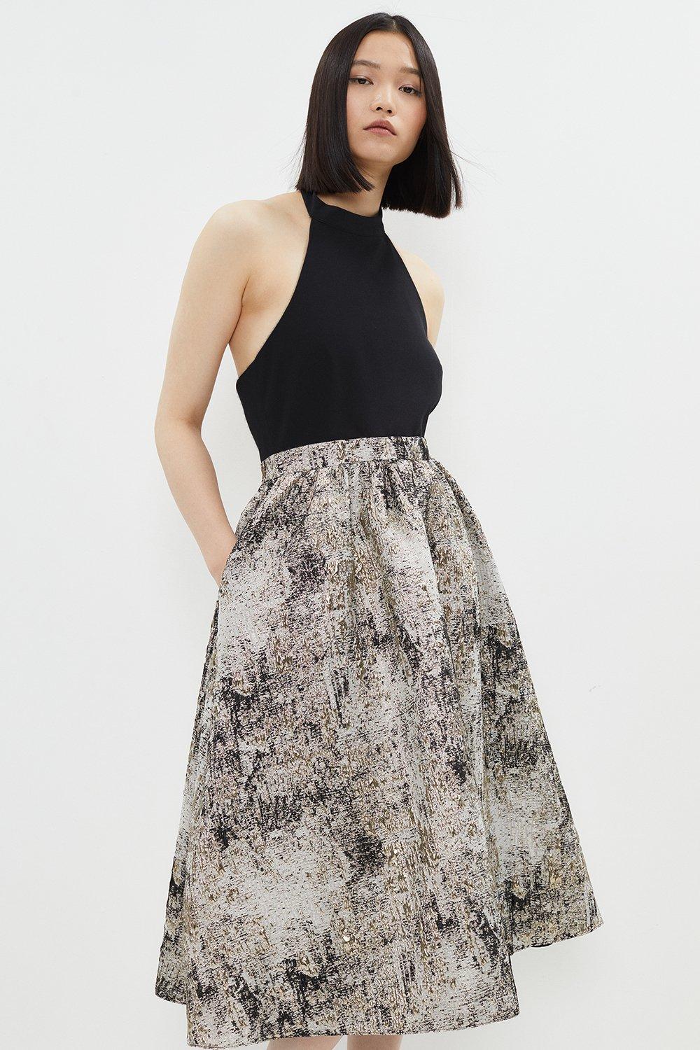 Premium Jacquard Skirt Halter Top Midi Dress - Gold