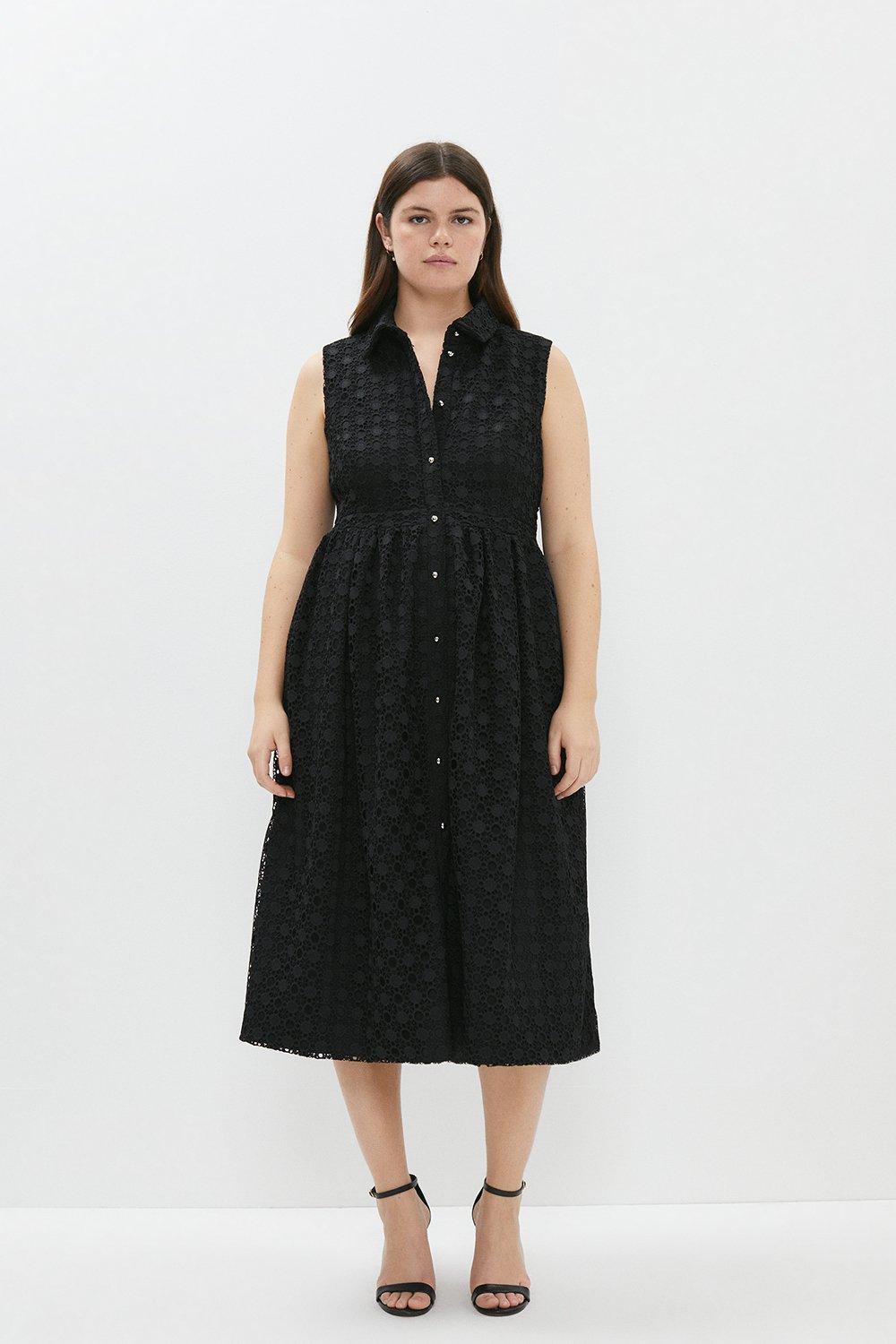 Plus Size Lace Midi Shirt Dress - Black