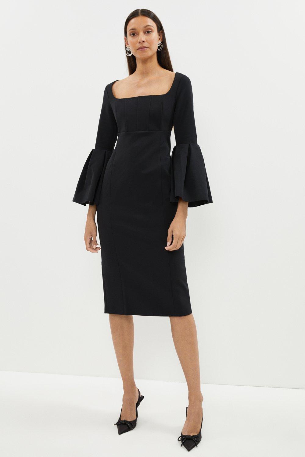 Premium Full Sleeve Corset Bodice Pencil Dress - Black