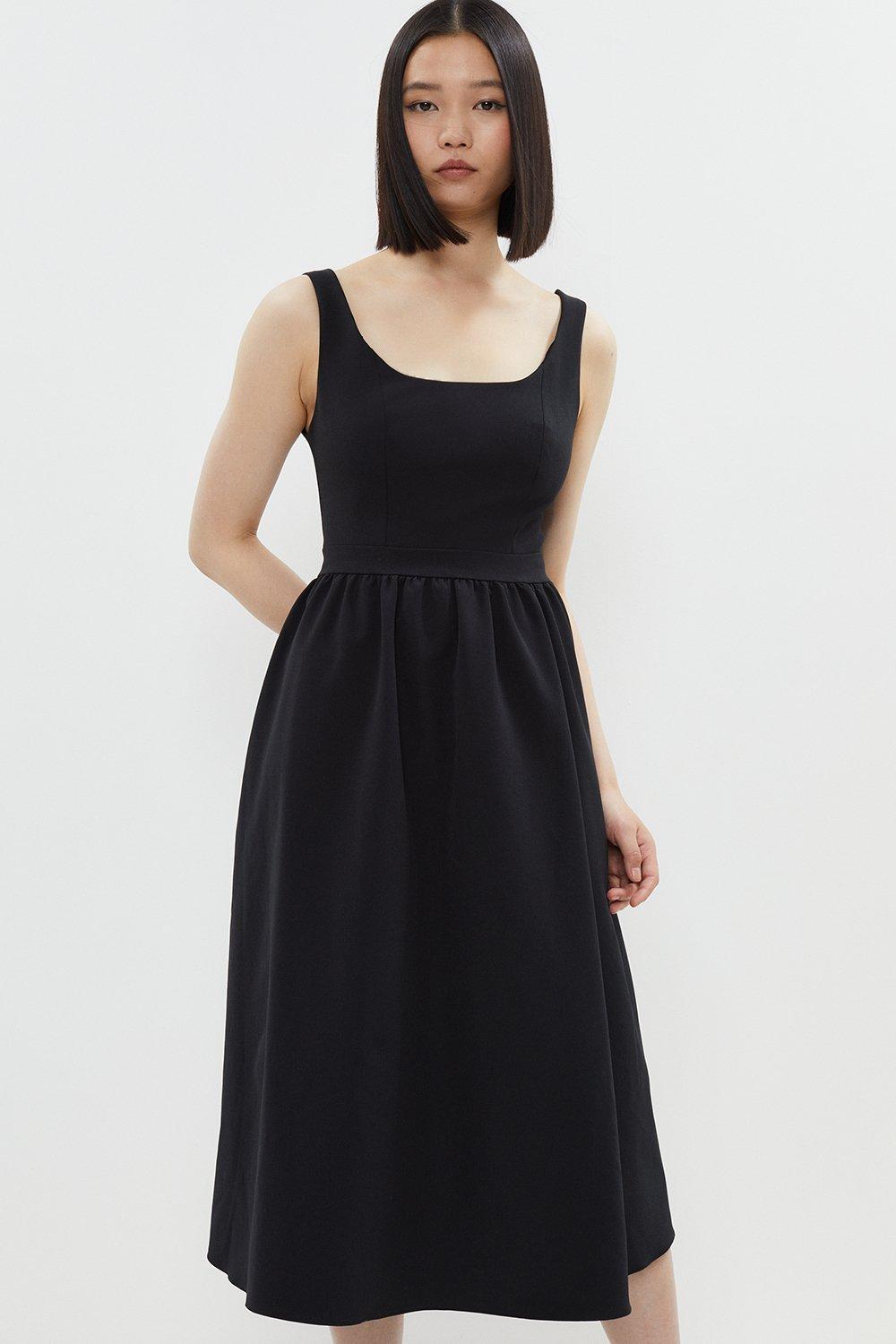 Premium Panelled Bodice Full Skirt Midi Dress - Black