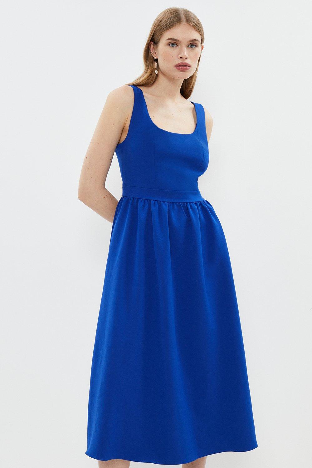 Premium Panelled Bodice Full Skirt Midi Dress - Blue