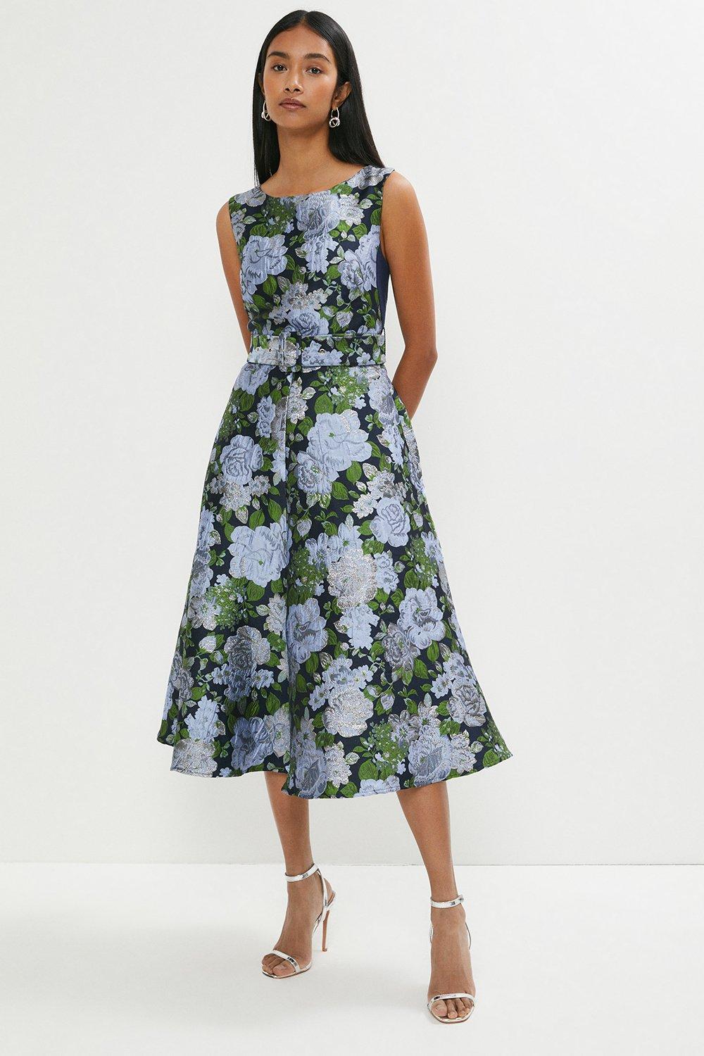 Midi Dress With Ponte Sides In Jacquard - Blue
