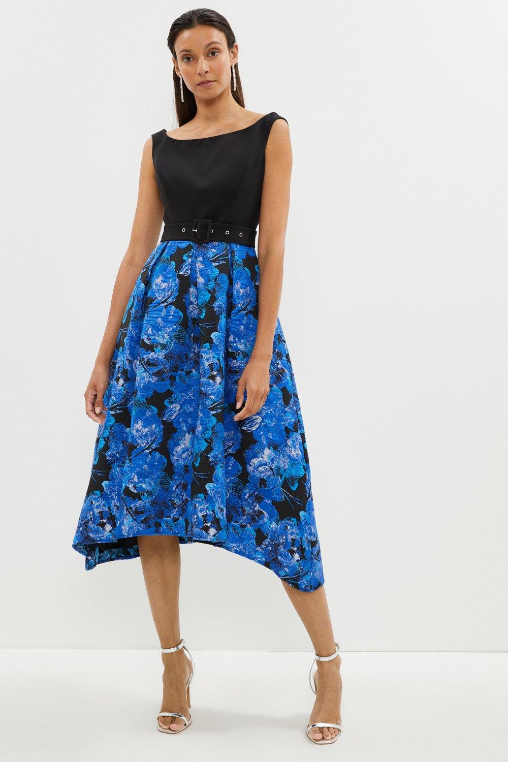 2 In 1 Belted Jacquard Midi Dress - Blue