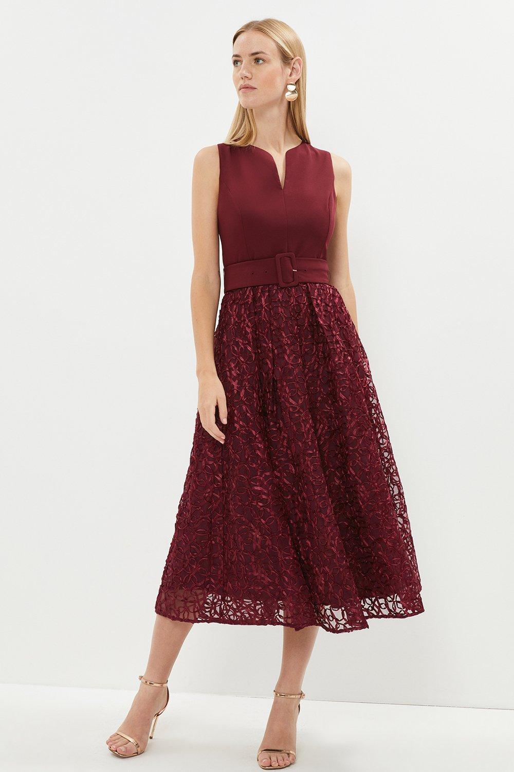 Dresses Notch Neck Belted Embroidered Midi Dress Coast