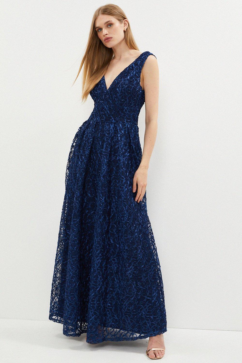 Wrap Front Embroidered Full Skirt Maxi Dress - Navy