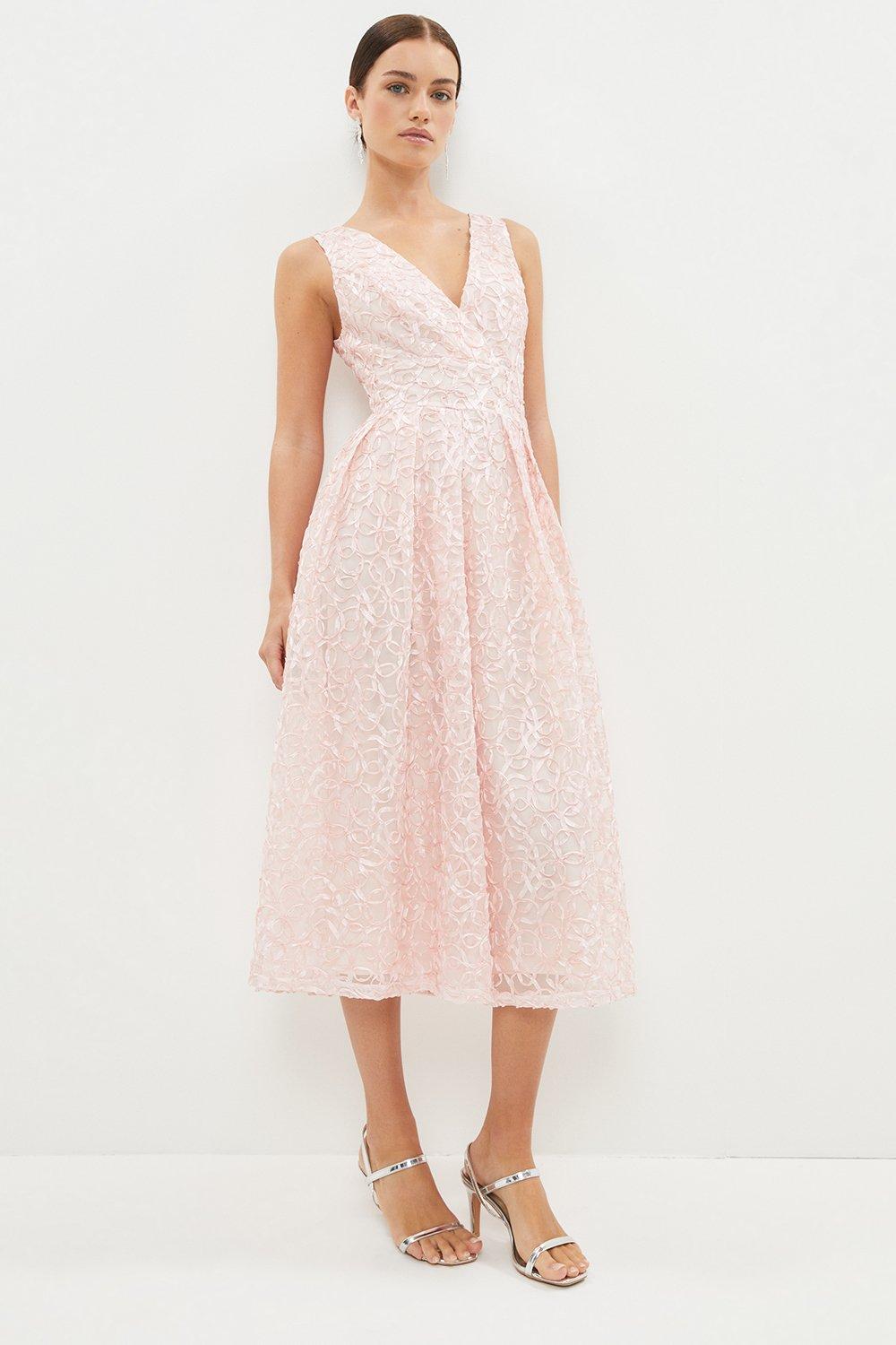 Petite Wrap Front Embroidered Midi Dress - Pink