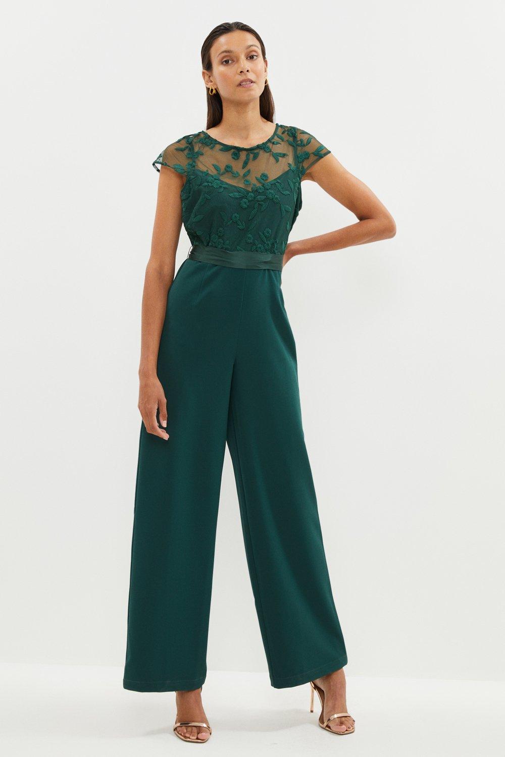 Cap Sleeve Embroidered Top Wide Leg Jumpsuit - Green