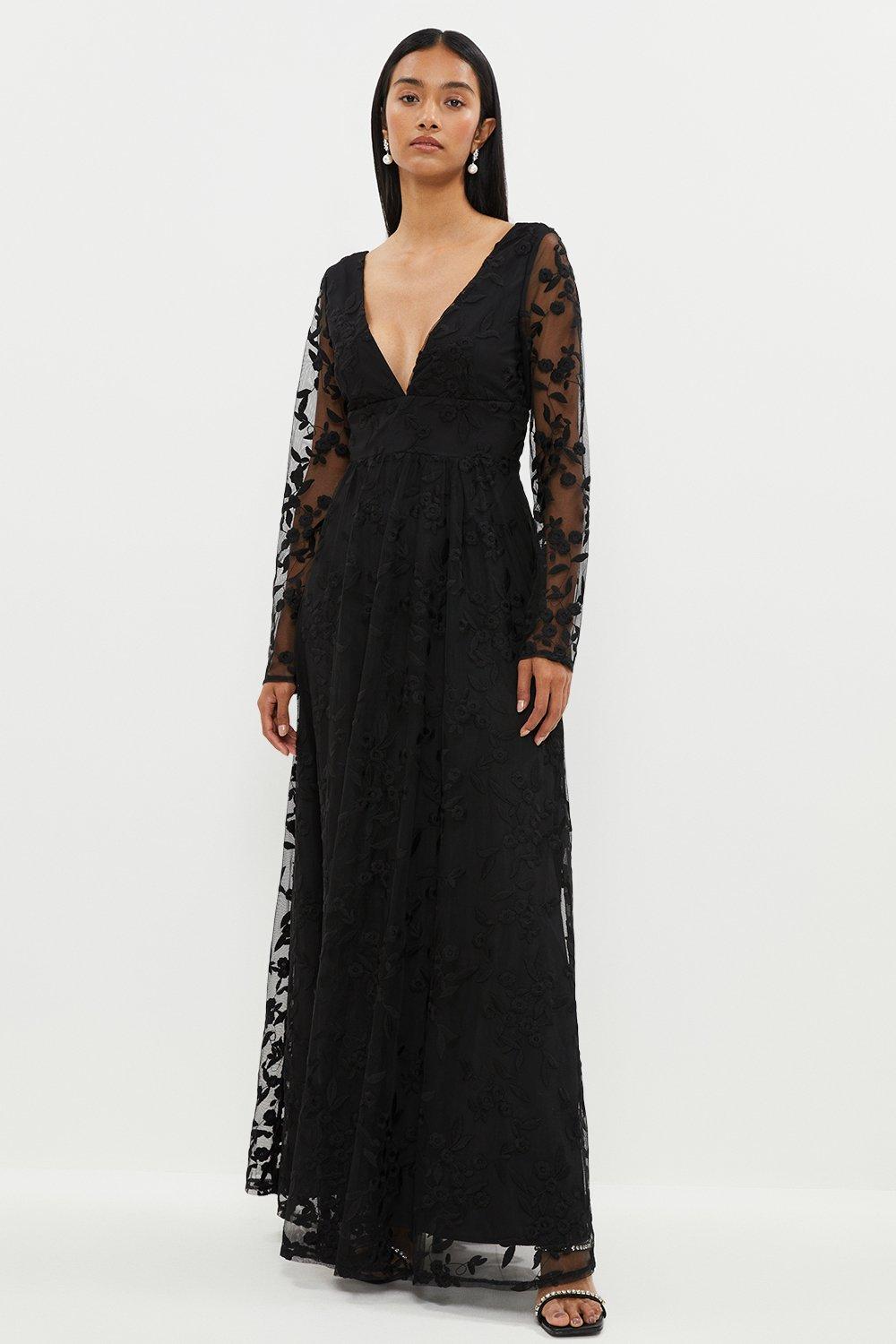 Deep V Embroidered Long Sleeve Maxi Dress - Black