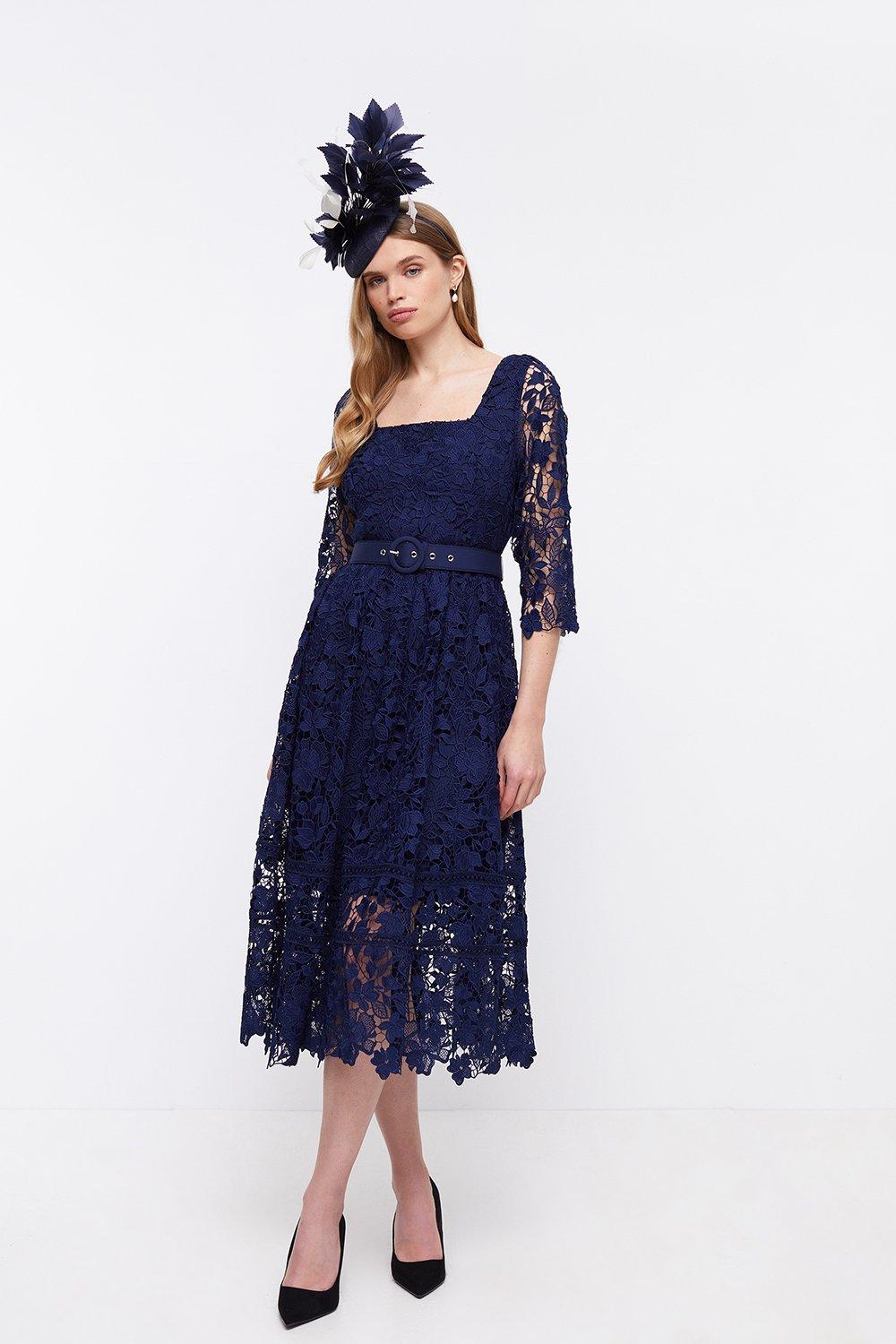 Square Neck Lace Dress With 3/4 Sleeve - Navy