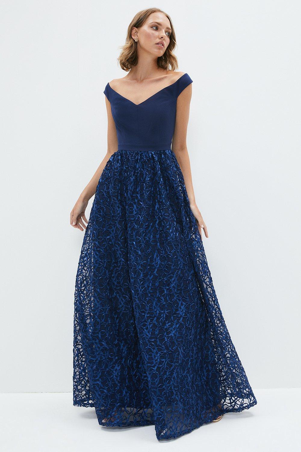 Petite Off Shoulder Embroidered Maxi Dress - Navy