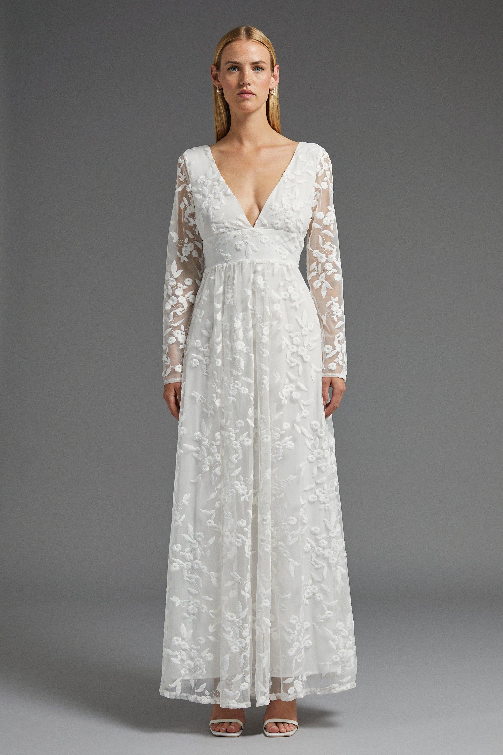 Deep V Embroidered Long Sleeve Maxi Dress - Ivory