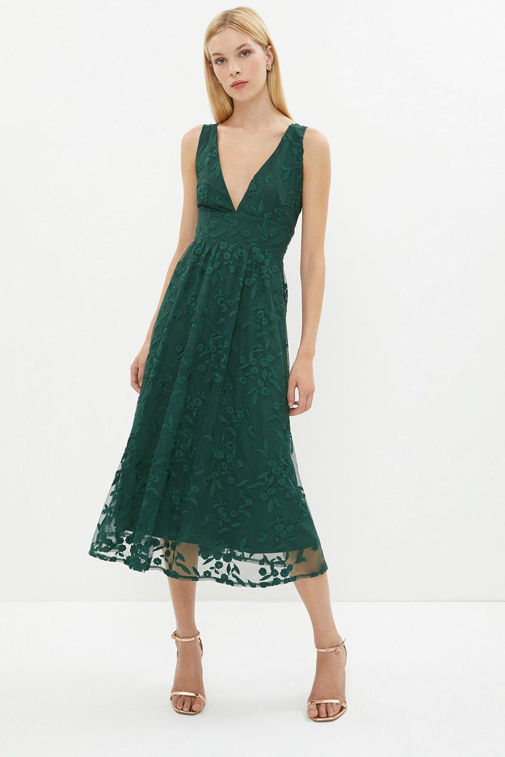 Deep V Full Skirt Embroidered Midi Dress - Green