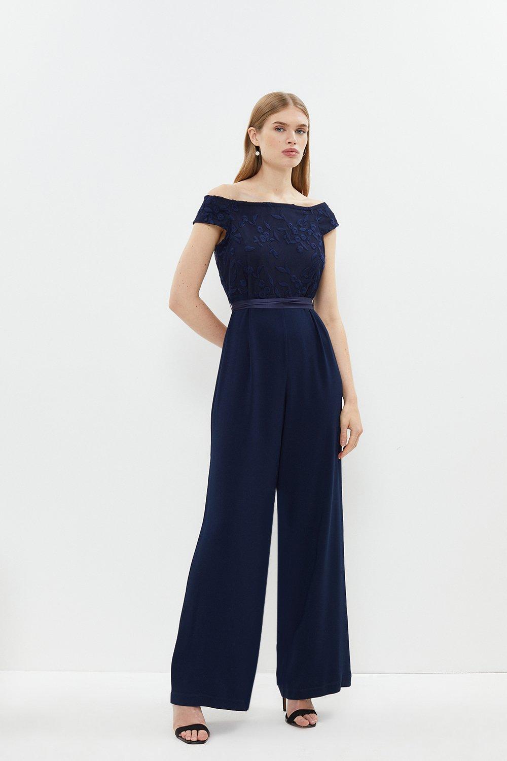 Bardot Embroidered Bodice Wide Leg Jumpsuit - Navy