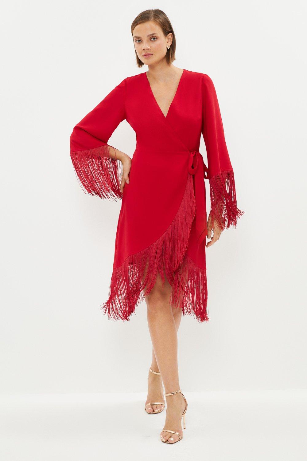 Fringe Wrap Mini Dress - Red