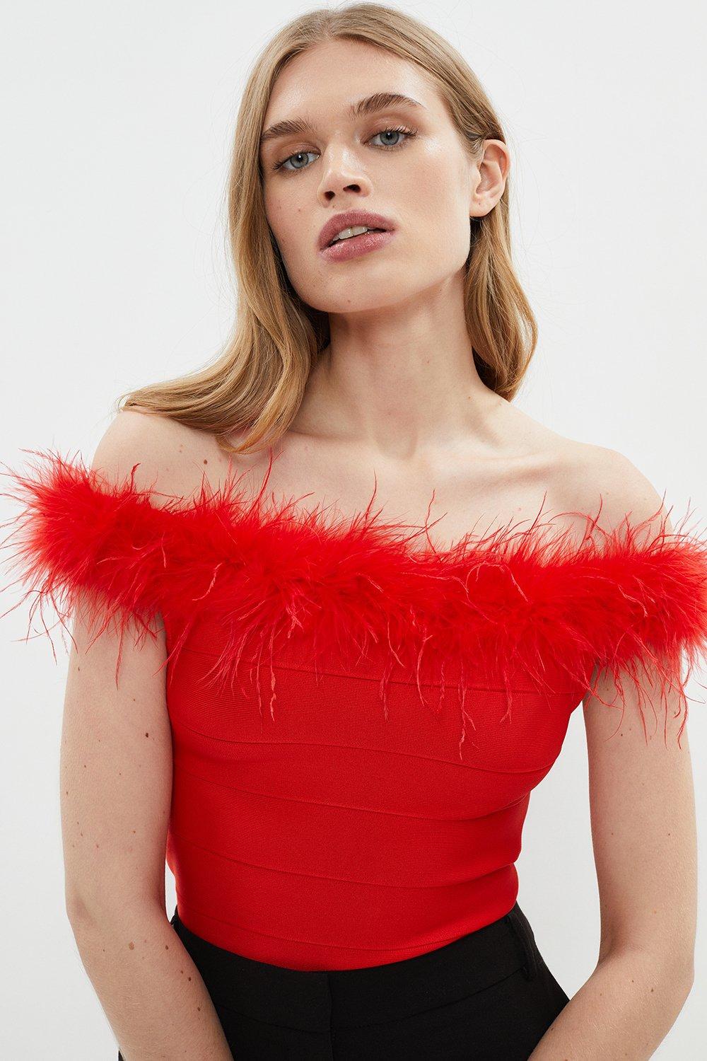 Bandage Bardot Feather Knit Top - Red
