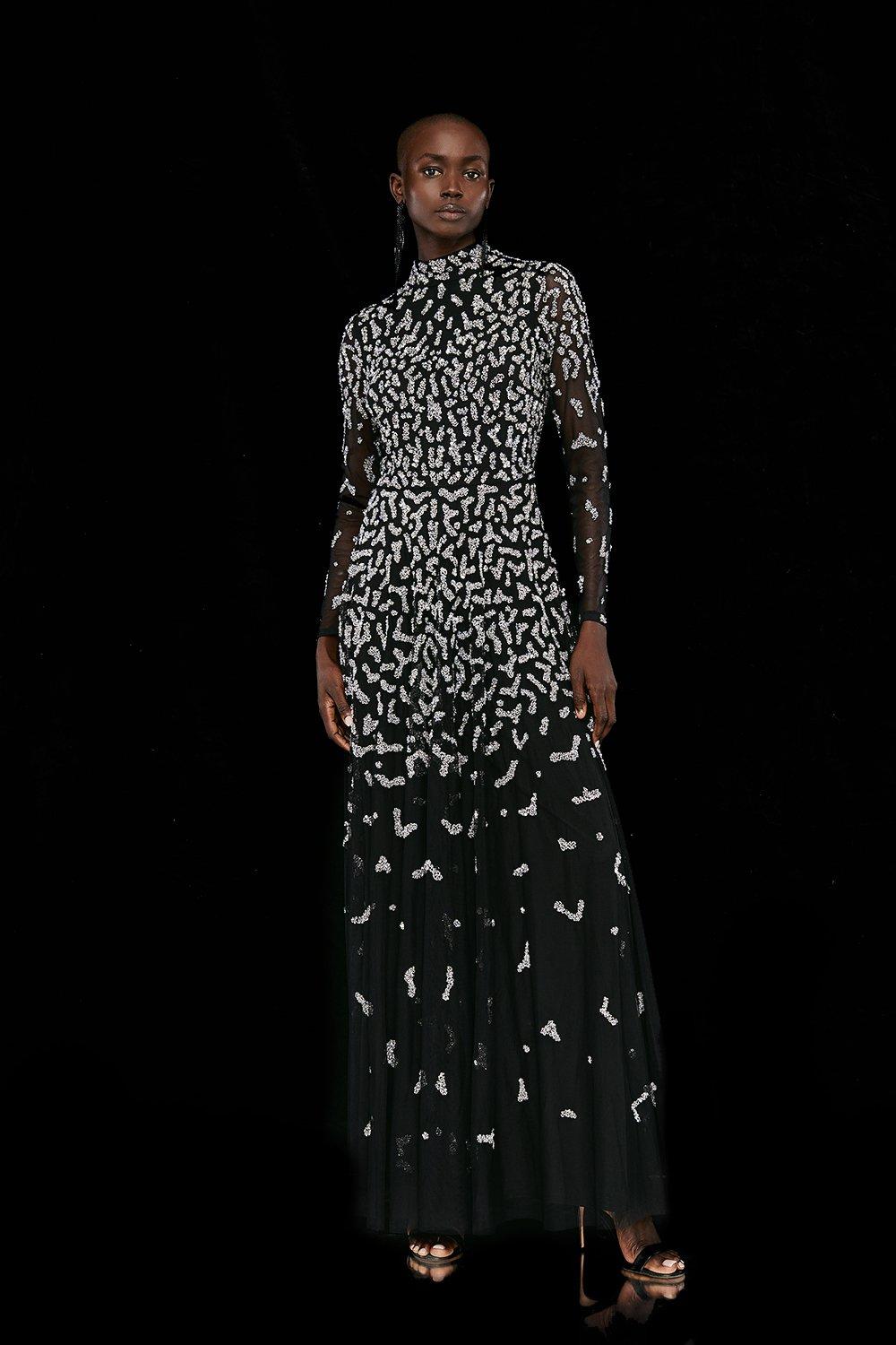 Premium Leopard Sequin Ombre Maxi Dress - Black