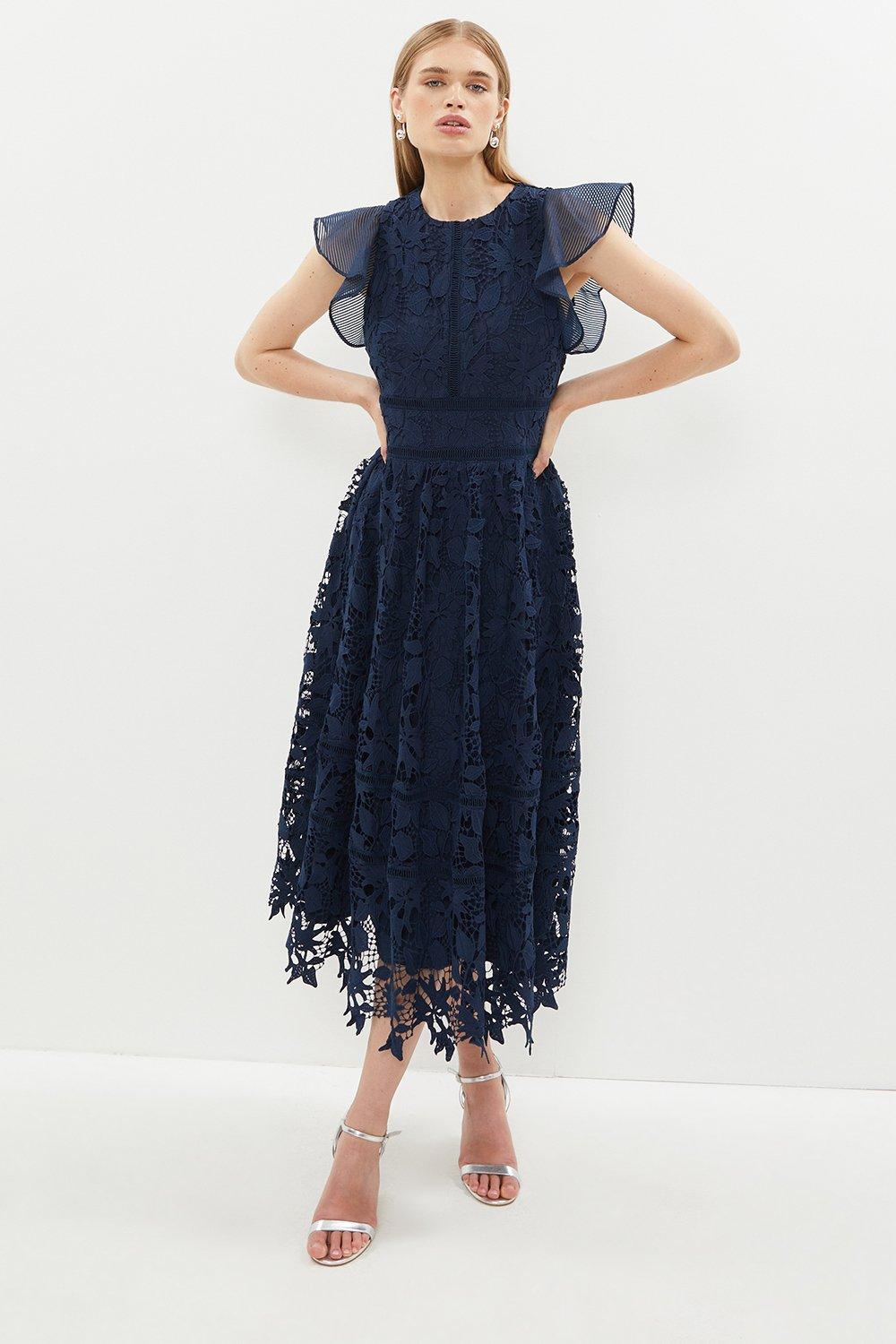 Lace Full Midi Dress With Organza - Navy