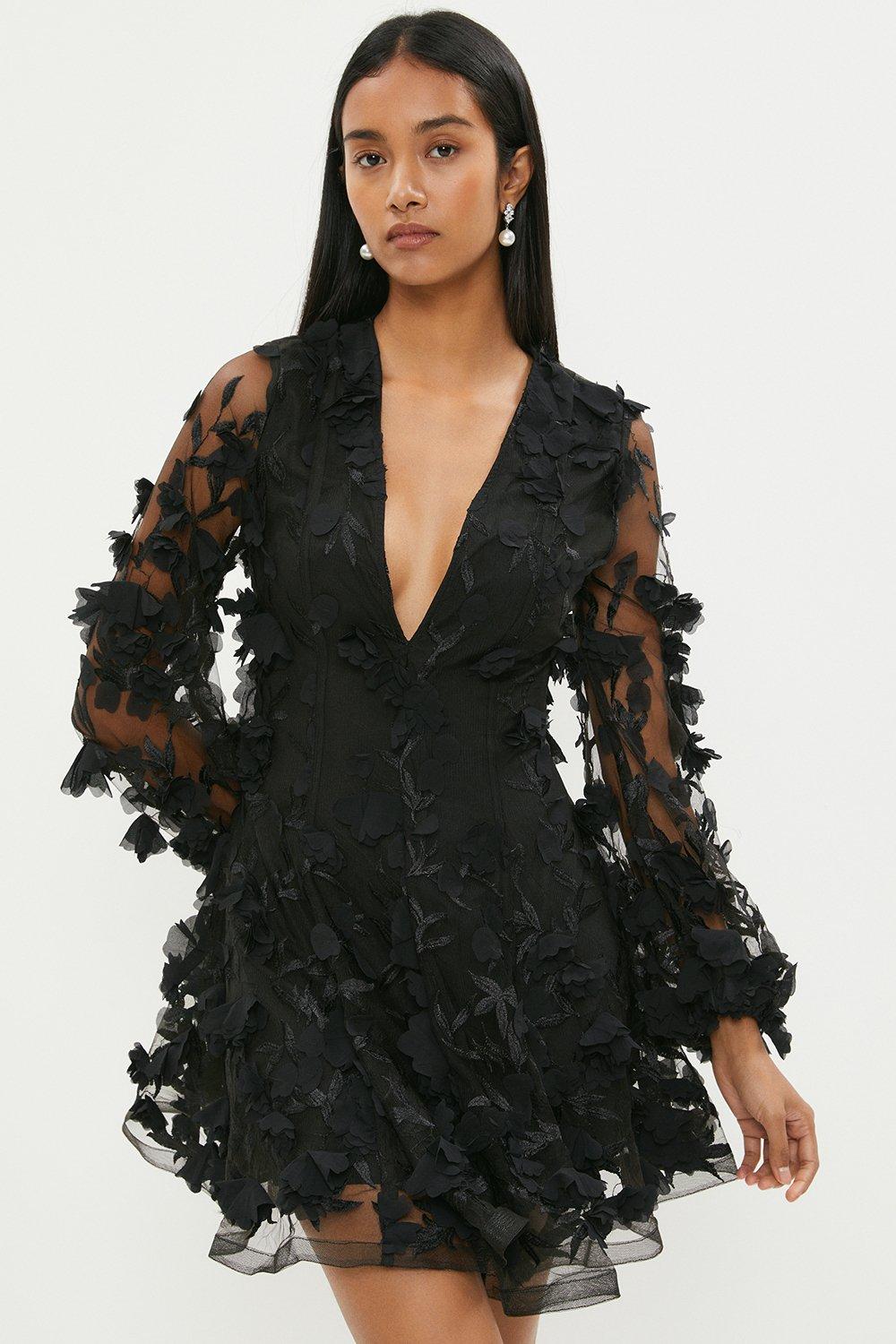 Mini Dress In 3D Floral Applique - Black