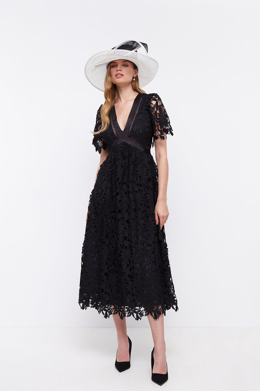 Midi Lace Dress With Satin V-neck - Black