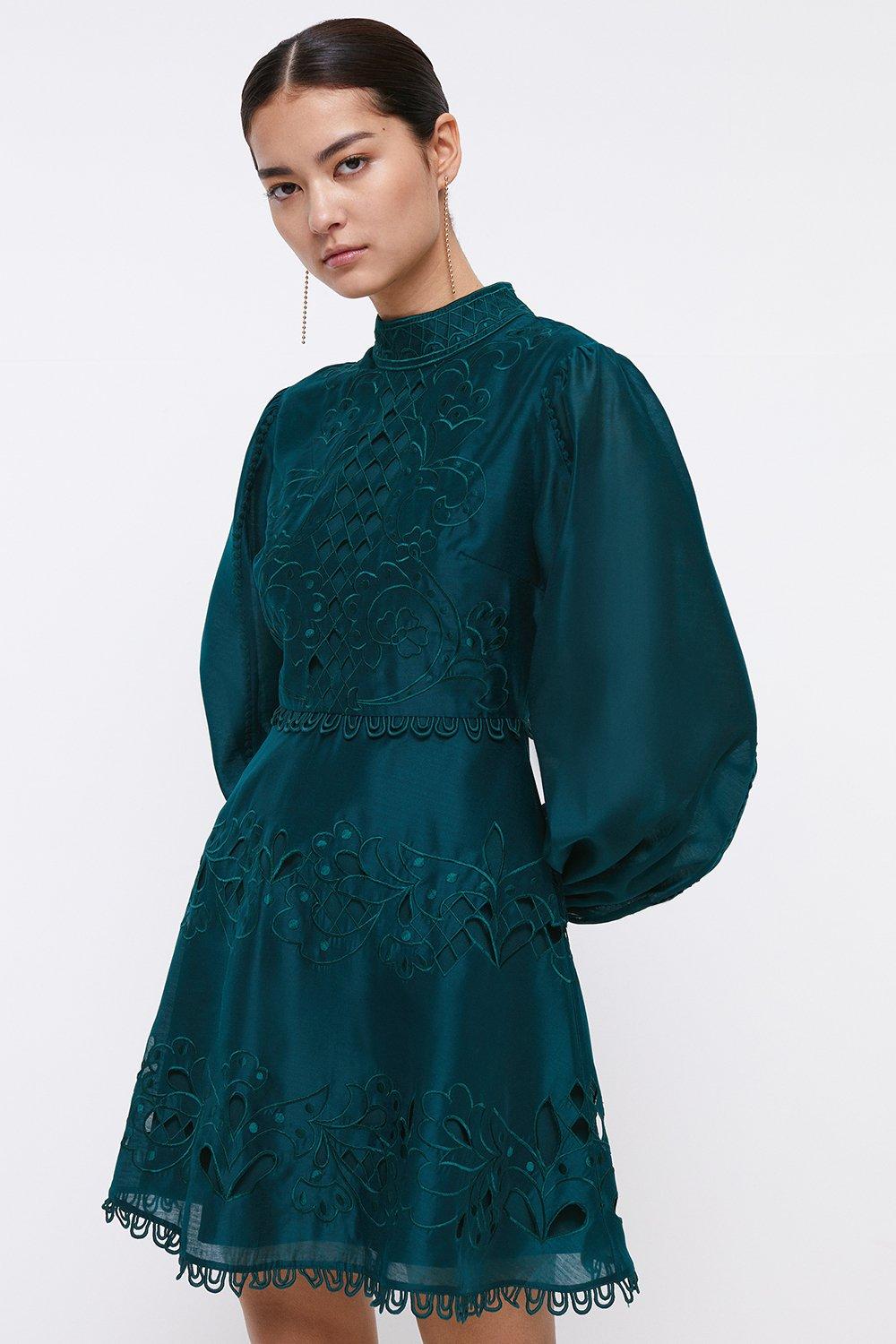 Petite Cutwork And Embroidered Dress - Green
