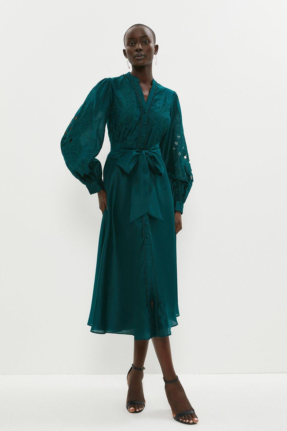 V Neck Cutwork And Embroidery Shirt Dress - Green