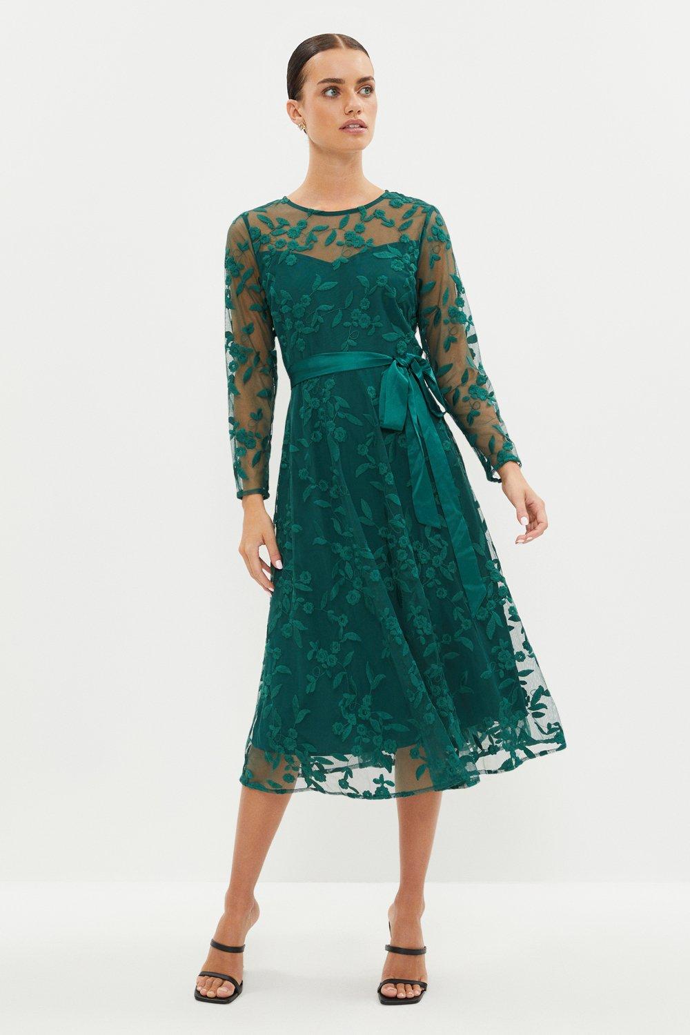 All Over Embroidered Long Sleeve Midi Dress - Green