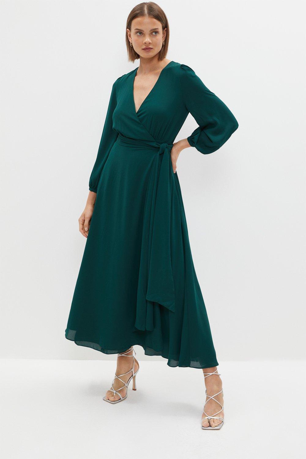 Petite Belted Maxi Wrap Dress - Green
