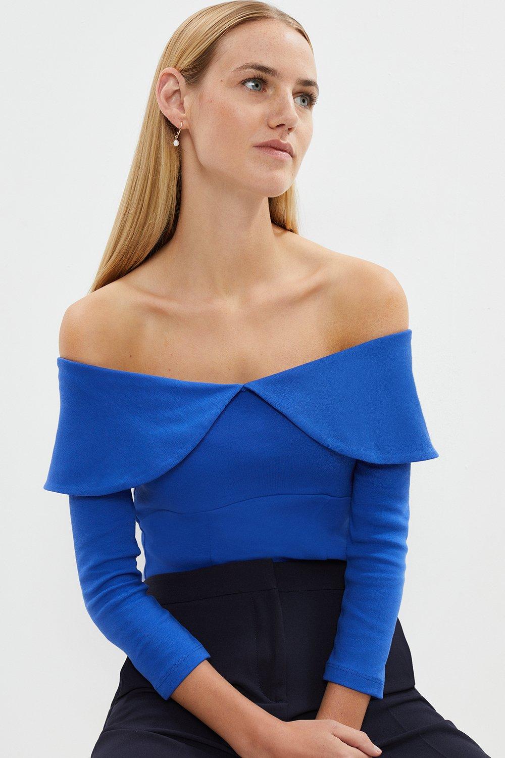 Foldover Bardot Long Sleeve Outfitter Top - Blue